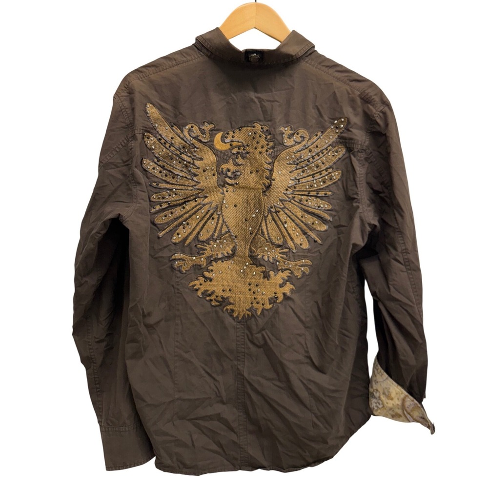 House of Lords Mens Large Brown Gold Eagle Studded Button Down Shirt Paisley